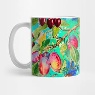 Exotic tropical floral leaves and fruits, botanical pattern, tropical plants, blue turquoise fruit pattern over a Mug